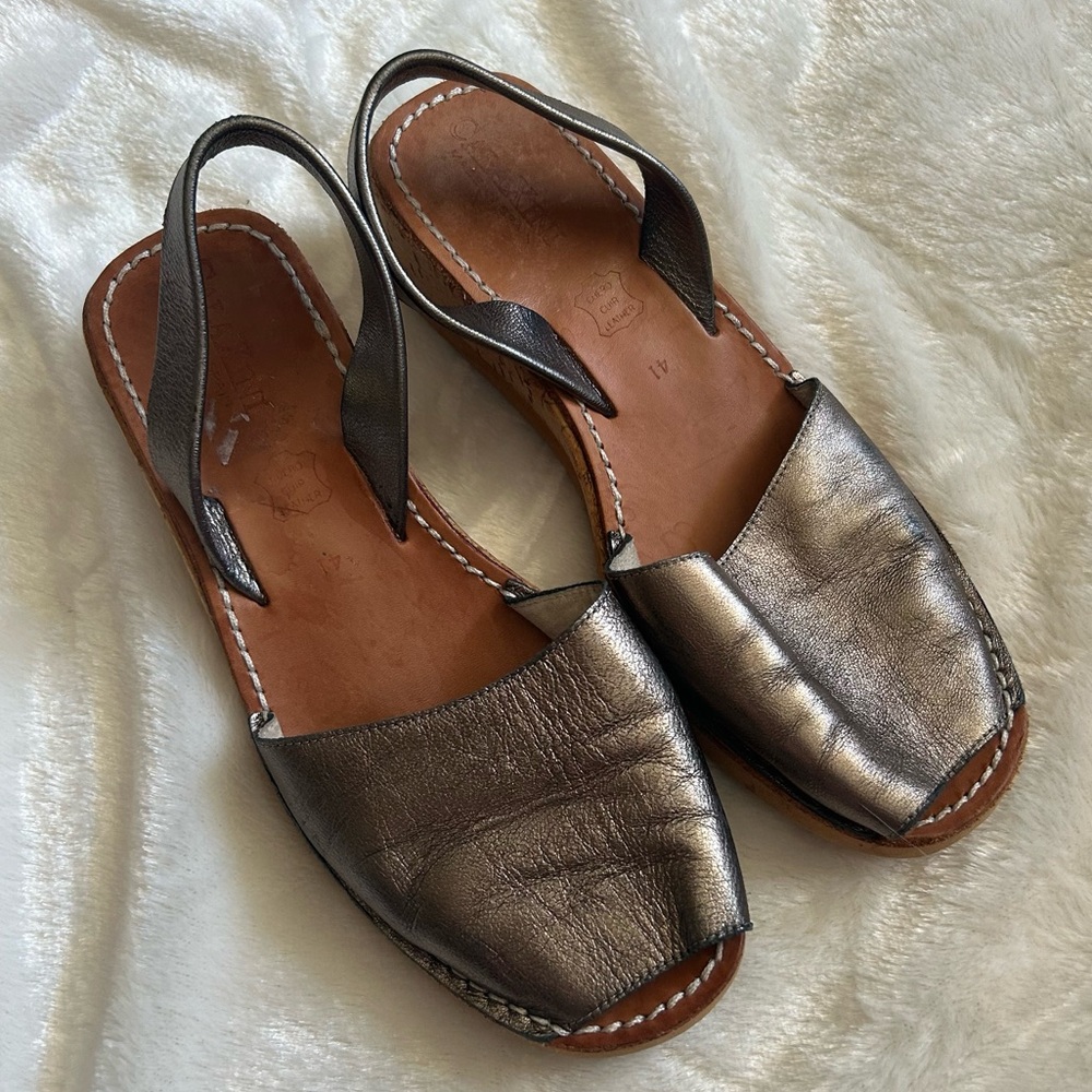 Calaxini classic metallic leather cork wedge sandals womens 41 US 10-10.5